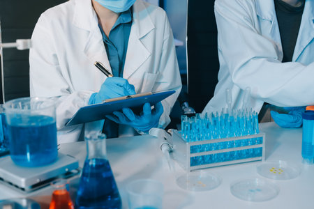 Collaboration, tablet or science with people in lab together for research or development. Innovation, tech and microscope with scientist team in clinical trial for planning or medical investigationの写真素材