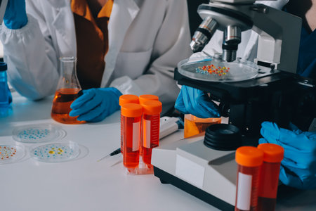 Collaboration, tablet or science with people in lab together for research or development. Innovation, tech and microscope with scientist team in clinical trial for planning or medical investigationの写真素材