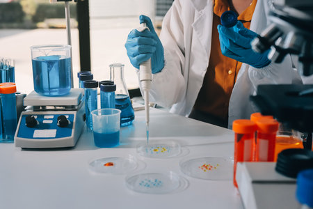 Collaboration, tablet or science with people in lab together for research or development....