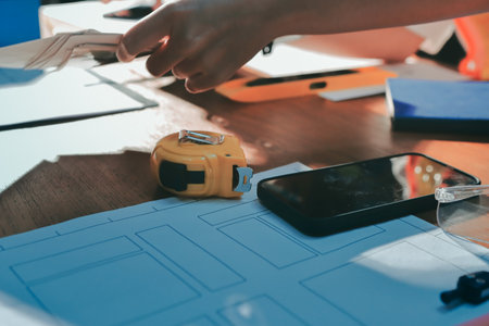 Closeup of team of industrial engineers meeting analyze machinery blueprints consult project on table in manufacturing factory. Working in manufacturing plant or production plant.の写真素材