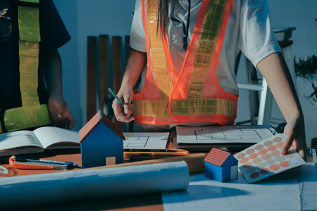 Closeup of team of industrial engineers meeting analyze machinery blueprints consult project on table in manufacturing factory. Working in manufacturing plant or production plant.の写真素材