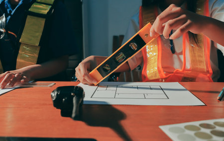 Closeup of team of industrial engineers meeting analyze machinery blueprints consult project on table in manufacturing factory. Working in manufacturing plant or production plant.の写真素材