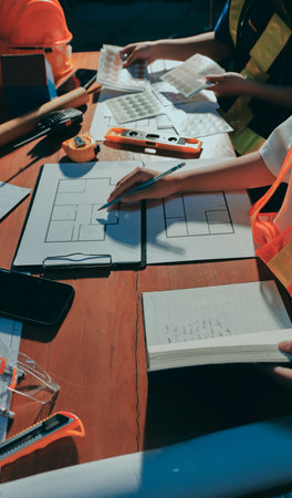 Closeup of team of industrial engineers meeting analyze machinery blueprints consult project on table in manufacturing factory. Working in manufacturing plant or production plant.の写真素材
