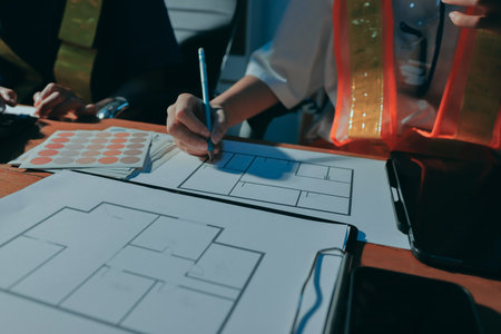 Closeup of team of industrial engineers meeting analyze machinery blueprints consult project on table in manufacturing factory. Working in manufacturing plant or production plant.の写真素材