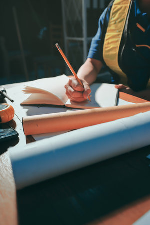 Closeup of industrial engineers meeting to analyze machinery blueprints and consult a project on a table in a manufacturing factory. Working in a manufacturing plant or production plant.の写真素材