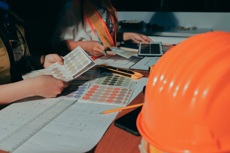 Closeup of team of industrial engineers meeting analyze machinery blueprints consult project on table in manufacturing factory. Working in manufacturing plant or production plant.の写真素材