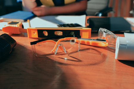 Closeup of team of industrial engineers meeting analyze machinery blueprints consult project on table in manufacturing factory. Working in manufacturing plant or production plant.の写真素材