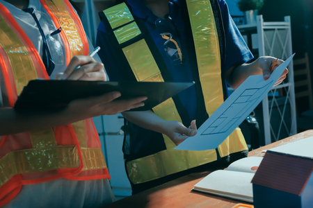 Closeup of team of industrial engineers meeting analyze machinery blueprints consult project on table in manufacturing factory. Working in manufacturing plant or production plant.の写真素材