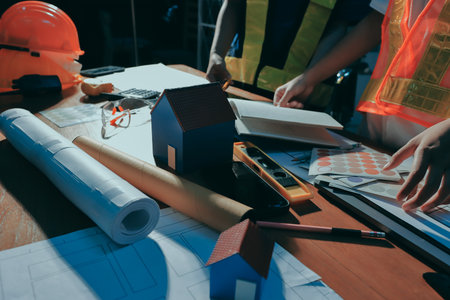 Closeup of team of industrial engineers meeting analyze machinery blueprints consult project on...