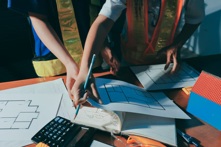 Closeup of team of engineers meeting analyze blueprints consult project on table. Working in factory...