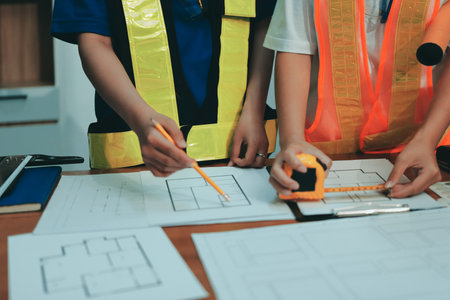 Closeup of team of industrial engineers meeting analyze machinery blueprints consult project on table in manufacturing factory. Working in manufacturing plant or production plant.の写真素材
