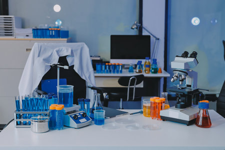 Collaboration, tablet or science with people in lab together for research or development. Innovation, tech and microscope with scientist team in clinical trial for planning or medical investigationの写真素材