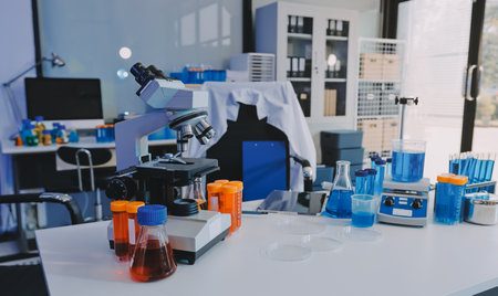 Collaboration, tablet or science with people in lab together for research or development. Innovation, tech and microscope with scientist team in clinical trial for planning or medical investigationの写真素材