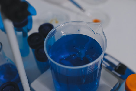 Collaboration, tablet or science with people in lab together for research or development. Innovation, tech and microscope with scientist team in clinical trial for planning or medical investigationの写真素材