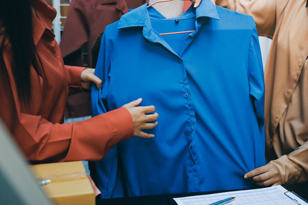 Portrait of Starting small businesses SME owners, two Asian woman check online orders Selling products working with boxs freelance work at home office, sme business online small medium enterpriseの写真素材