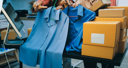 Portrait of Starting small businesses SME owners, two Asian woman check online orders Selling products working with boxs freelance work at home office, sme business online small medium enterpriseの写真素材