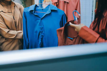 Portrait of Starting small businesses SME owners, two Asian woman check online orders Selling products working with boxs freelance work at home office, sme business online small medium enterpriseの写真素材