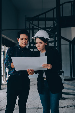Construction manager and engineer explore construction documentation on the building site near the steel framesの写真素材