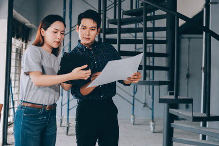 Construction manager and engineer explore construction documentation on the building site near the steel framesの写真素材