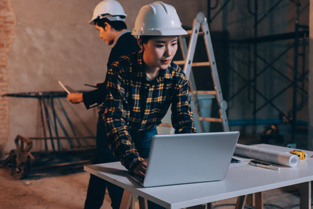 Construction manager and engineer dressed in orange work vests and hard helmets explore construction documentation on the building site near the steel framesの写真素材