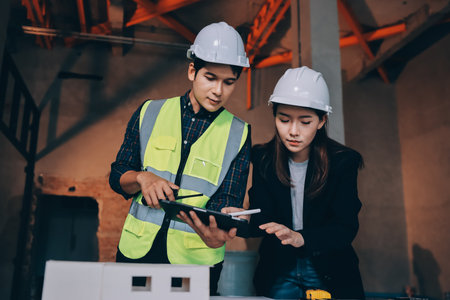 Construction manager and engineer dressed in orange work vests and hard helmets explore construction documentation on the building site near the steel framesの写真素材