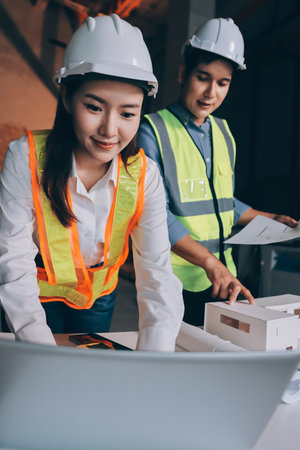 Construction manager and engineer dressed in orange work vests and hard helmets explore construction documentation on the building site near the steel framesの写真素材
