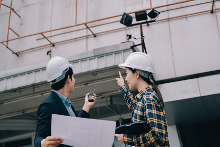 Construction manager and engineer dressed in orange work vests and hard helmets explore construction documentation on the building site near the steel framesの写真素材