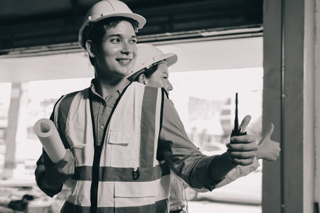 Construction manager and engineer dressed in orange work vests and hard helmets explore construction...