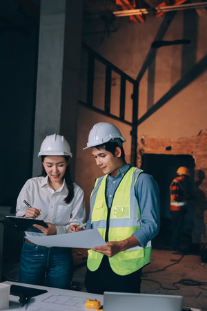 Construction manager and engineer dressed in orange work vests and hard helmets explore construction...