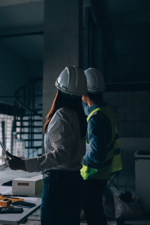 Construction manager and engineer dressed in orange work vests and hard helmets explore construction documentation on the building site near the steel framesの写真素材