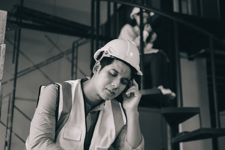 Construction manager and engineer dressed in orange work vests and hard helmets explore construction documentation on the building site near the steel framesの写真素材