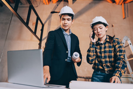 Construction manager and engineer dressed in hard helmets explore construction documentation on the...