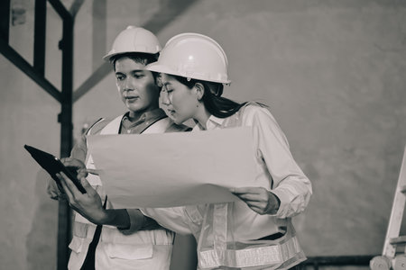 Construction manager and engineer dressed in work vests and hard helmets explore construction documentation on the building site near the steel framesの写真素材