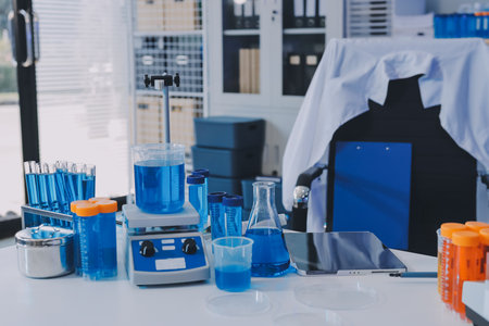 Collaboration, tablet or science with people in lab together for research or development. Innovation, tech and microscope with scientist team in clinical trial for planning or medical investigationの写真素材