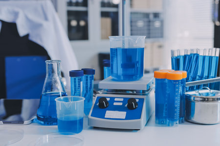 Collaboration, tablet or science with people in lab together for research or development....
