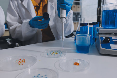 Collaboration, tablet or science with people in lab together for research or development....