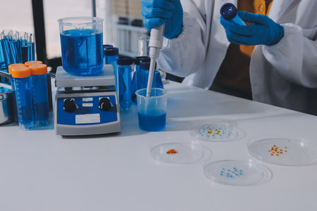 Collaboration, tablet or science with people in lab together for research or development....