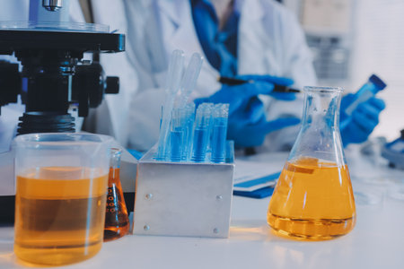 Collaboration, tablet or science with people in lab together for research or development. Innovation, tech and microscope with scientist team in clinical trial for planning or medical investigationの写真素材