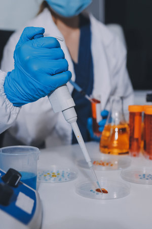 Collaboration, tablet or science with people in lab together for research or development....