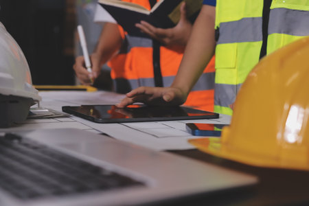 Closeup of team of industrial engineers meeting analyze machinery blueprints consult project on table in manufacturing factory. Working in manufacturing plant or production plant.の写真素材