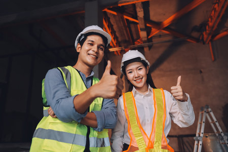 Construction manager and engineer dressed in orange work vests and hard helmets on the building site...