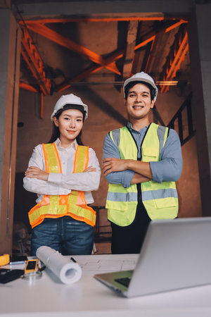 Construction manager and engineer dressed in orange work vests and hard helmets explore construction...