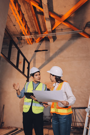Construction manager and engineer dressed in orange work vests and hard helmets explore construction...