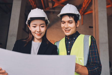 Construction manager and engineer dressed in orange work vests and hard helmets explore construction...