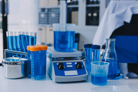 Collaboration, tablet or science with people in lab together for research or development....