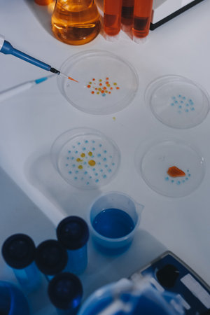 Collaboration, tablet or science with people in lab together for research or development....