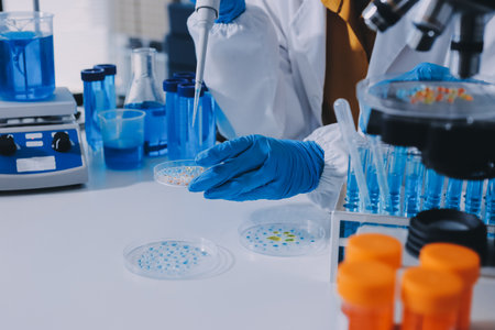 Collaboration, tablet or science with people in lab together for research or development....