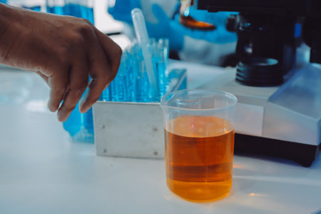 Collaboration, tablet or science with people in lab together for research or development....