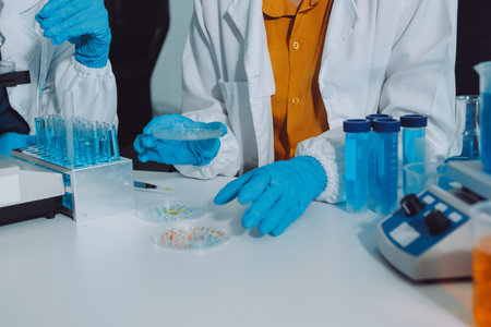 Collaboration, tablet or science with people in lab together for research or development....