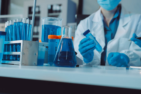Collaboration, tablet or science with people in lab together for research or development....